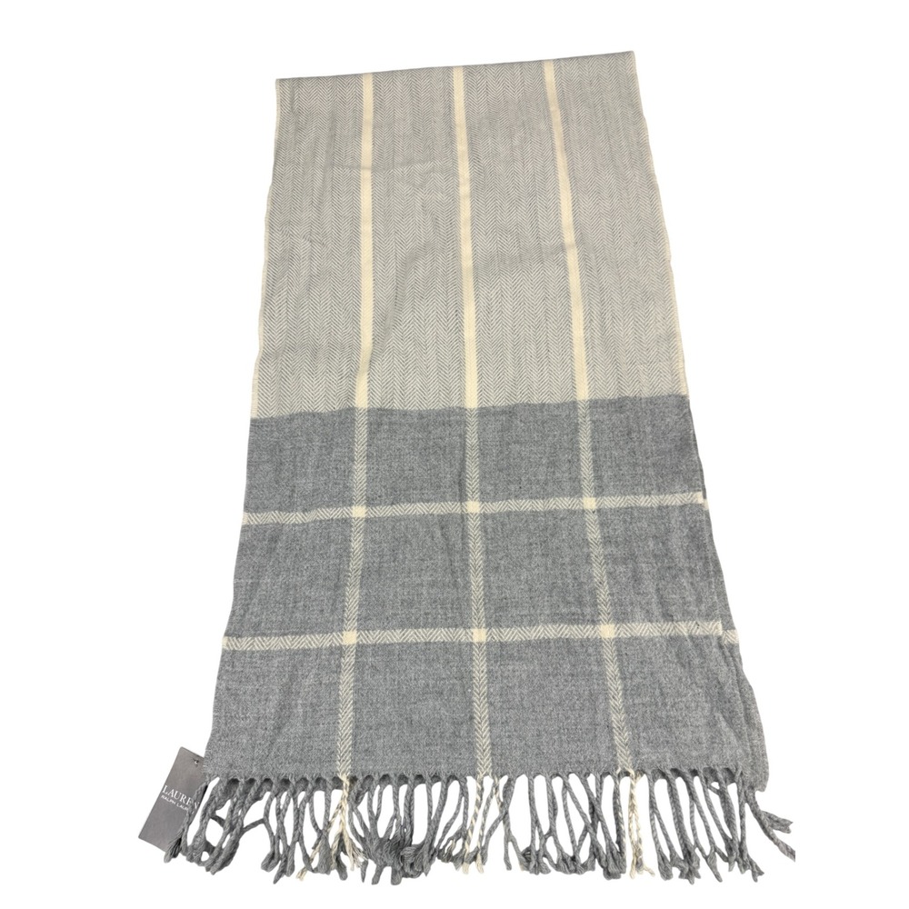Lauren Ralph Lauren Grey Cream Plaid Herringbone Fringe Scarf NWT
